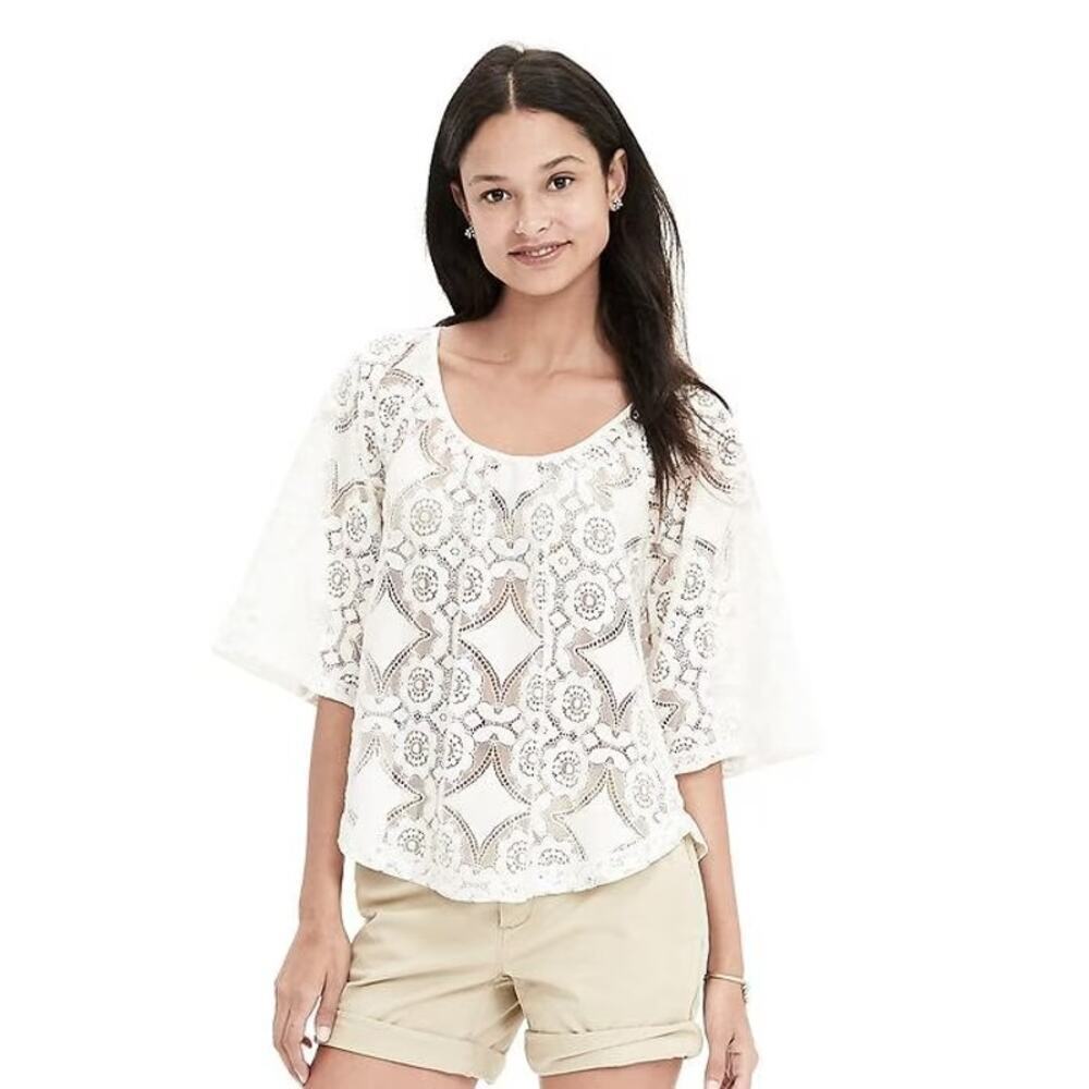Banana Republic Women's White Boho Lace Peasant Blouse Top Size Large